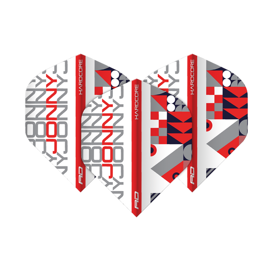 TF6663_Red_Dragon_Hardcore_Jonny_WhiteRed_Standard_Flights_15jsUwBYpz4DqC Das Bild zeigt die Red Dragon Hardcore Jonny White Red Standard Flights. Sie haben ein modernes Design in Rot, Weiß und Grau mit dem Schriftzug "JONNY" und grafischen Mustern.