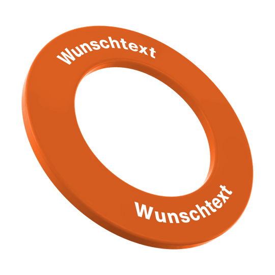 Auf dem Bild ist ein neonorangefarbener Dartboard-Surround-Ring zu sehen. Der Ring trägt zwei Mal den weißen Schriftzug „Wunschtext“.