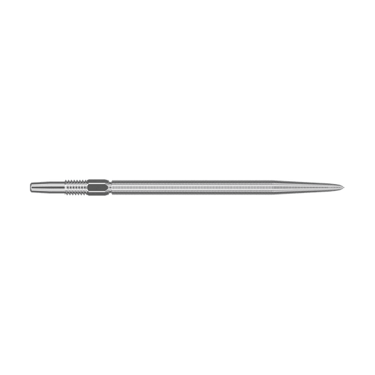 Końcówki do rzutek Target Swiss Point Nano Dart - srebrne Das Bild zeigt eine silberne Dartspitze mit feiner Riffelung. Sie ist lang und schlank gestaltet und besitzt präzise eingearbeitete Details.