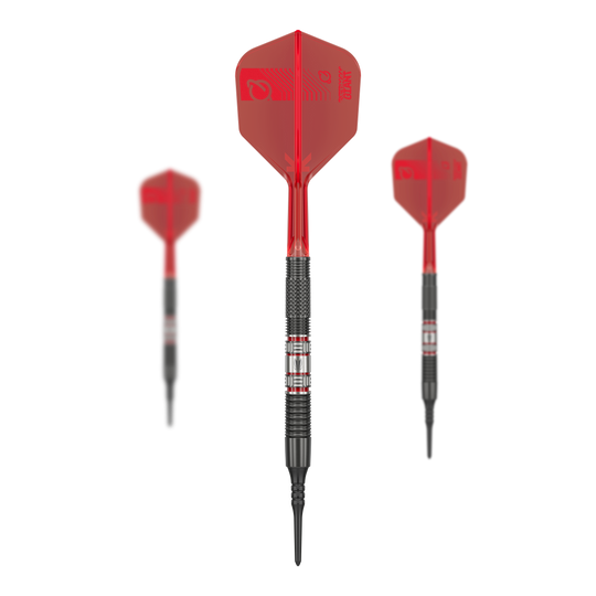 Miękkie lotki Target Gabriel Clemens 95K - 19g Das Bild zeigt drei Softdarts des Modells "Target Gabriel Clemens 95K Softdarts - 19g". Die Darts haben rote Flights und einen silber-schwarzen Barrel mit markanten Rillen.