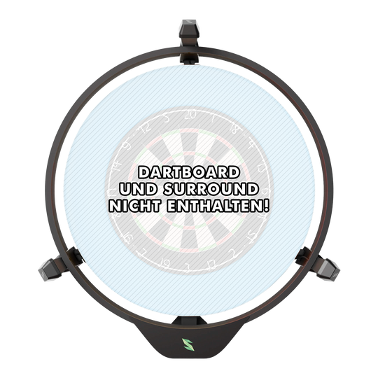 Das Bild zeigt das Produkt "Scolia Home 2 FLEX - Electronic Score System mit Beleuchtungsring". In der Mitte steht der Hinweis: "Dartboard und Surround nicht enthalten!"
