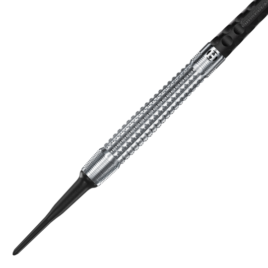 Harrows Dimplex S3 Tapered Soft Darts Das Bild zeigt einen Harrows Dimplex S3 Tapered Softdart. Der Dartpfeil hat eine silberne, geriffelte Metallspitze und einen schwarzen Schaft.