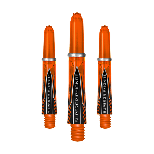 Das Bild zeigt drei orangefarbene Harrows Supergrip Ignite Shafts. Sie haben ein modernes Design mit schwarzer und silberner Beschriftung.