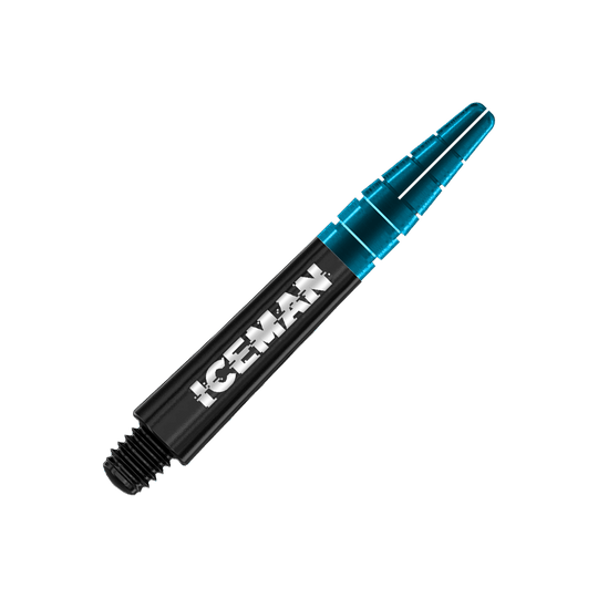 C636_Red_Dragon_Nitrotech_Gerwyn_Price_Shafts_Black_36mm_2dcLzGq1val0Qn Das Bild zeigt den Red Dragon Nitrotech Gerwyn Price Black Shaft. Der Schaft ist schwarz mit der Aufschrift "ICEMAN" und hat ein blaues, durchsichtiges Ende.