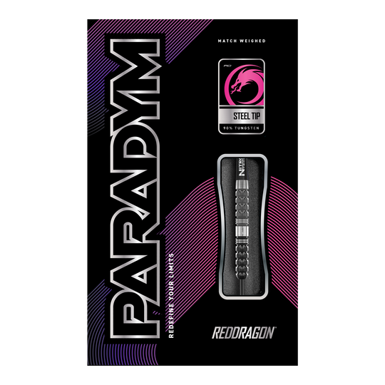 Rzutki Red Dragon Paradym Tapered Steel Die Abbildung zeigt die Verpackung der "Red Dragon Paradym Tapered Steeldarts". Auf der Packung sind die Begriffe "Steel Tip", "90% Tungsten" und das Red Dragon Logo zu sehen.
