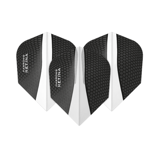 HR65_Harrows_Retina_Transparent_No2_Standard_Flights_10pvKYJFU3VUkD Das Bild zeigt drei schwarze Dartflights der Marke "Harrows Retina Transparent No6". Die Flights haben ein Wabenmuster und einen transparenten Mittelstreifen.