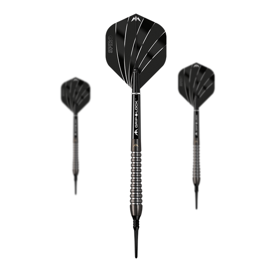 Das Bild zeigt die Mission Spiro Model 2 Softdarts mit einem Gewicht von 19 Gramm. Die Darts haben schwarze Flights mit weißen Linien und ein geriffeltes Griffstück.