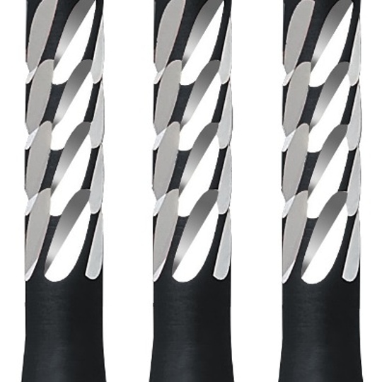 78992-Unicorn-Premier-Shaft-Black-Short Das Bild zeigt drei schwarze Aluminium-Schäfte für Dartpfeile der Marke Unicorn Premier. Sie haben ein silbernes, spiralförmiges Muster und jeweils ein rundes Loch am unteren Ende.