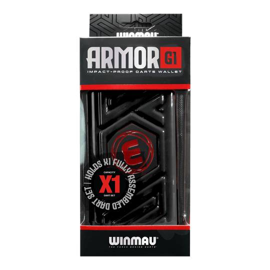 Das Bild zeigt eine schwarze Darttasche von Winmau mit dem Namen "Armor G1". Die Verpackung betont, dass sie stoßfest ist und ein vollständig montiertes Dart-Set aufnehmen kann.