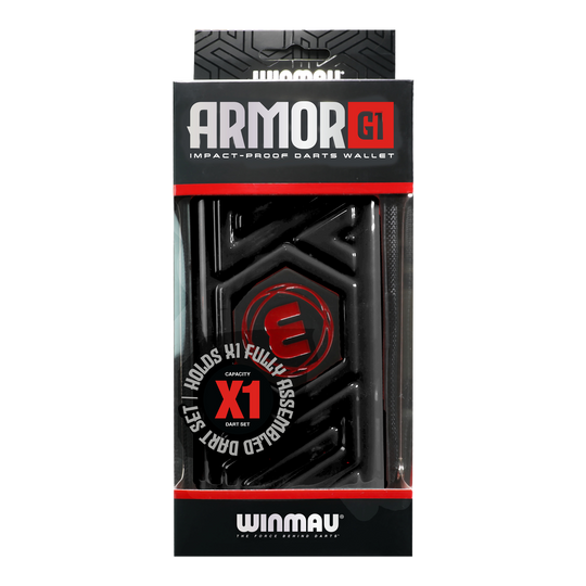 Portfel Winmau Armor G1 Dart Das Bild zeigt eine schwarze Darttasche von Winmau mit dem Namen "Armor G1". Die Verpackung betont, dass sie stoßfest ist und ein vollständig montiertes Dart-Set aufnehmen kann.
