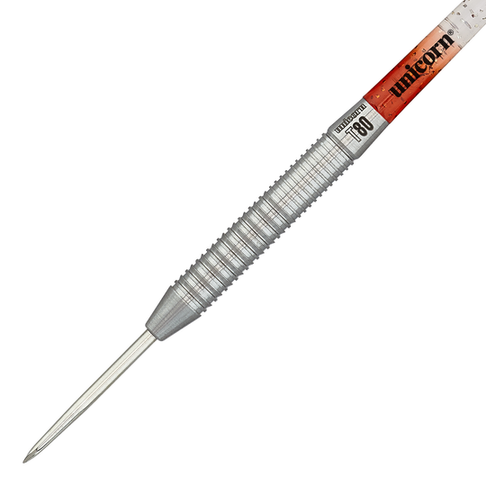 Unicorn Core XL Striker Style 1 Steeldarts - 22g Das Bild zeigt einen silberfarbenen Steeldart mit gerilltem Griff. Auf dem Schaft steht "Unicorn" und das Modell ist "Core XL Striker Style 1" mit 22g Gewicht.