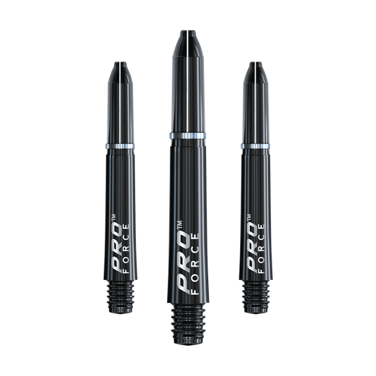 Das Bild zeigt drei schwarze Winmau Pro-Force Shafts für Darts. Auf den Shafts steht der Schriftzug "PRO FORCE" in weißer Farbe.