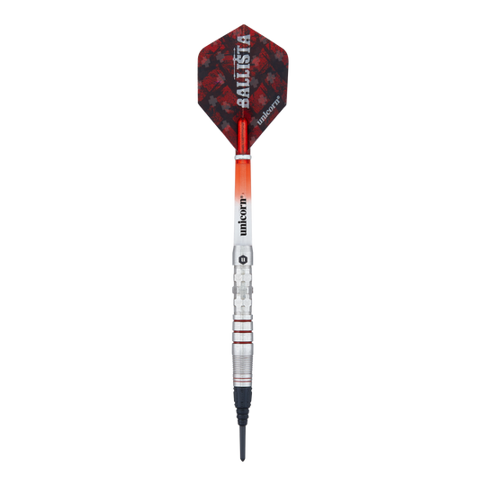 Unicorn Ballista Style 3 miękkie lotki Das Bild zeigt einen Softdart der Marke "Unicorn Ballista Style 3". Der Dart hat eine silberne Spitze, ein rot-schwarzes Flight und einen metallischen Schaft mit roten Akzenten.