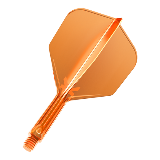 Dies ist ein neonorangener Dartflight mit integriertem Schaft. Das Material ist durchsichtig und glänzend.