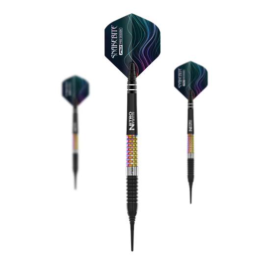 Red Dragon Peter Wright Corra Soft Darts - 18g Das Bild zeigt drei Softdarts des Modells „Red Dragon Peter Wright Corra Softdarts - 18g“. Die Darts haben bunte, strukturierte Griffe und schwarze Flights mit einem wellenförmigen Muster.