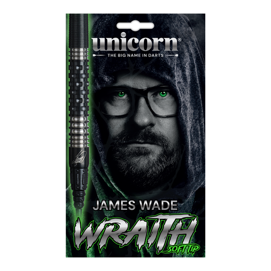 Abgebildet sind die Unicorn Wraith James Wade Softdarts - 19g. Die Darts haben ein schlankes Design für präzises Werfen.