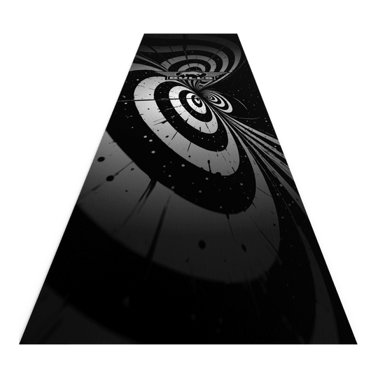 Der Bulls NL Illusion Black White Dartteppich zeigt ein auffälliges, schwarz-weißes Spiraldesign. Der Teppich eignet sich ideal für den Einsatz beim Dartspielen.