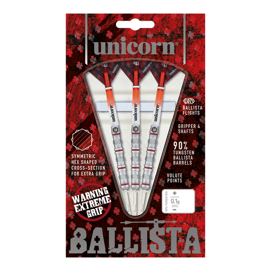 Unicorn Ballista Style 4 stalowe rzutki Auf dem Bild ist das Produkt "Unicorn Ballista Style 4 Steeldarts" zu sehen. Die Verpackung zeigt drei Steeldarts mit auffälligem Design und betont ihre hohe Griffigkeit und den 90%igen Wolframanteil.