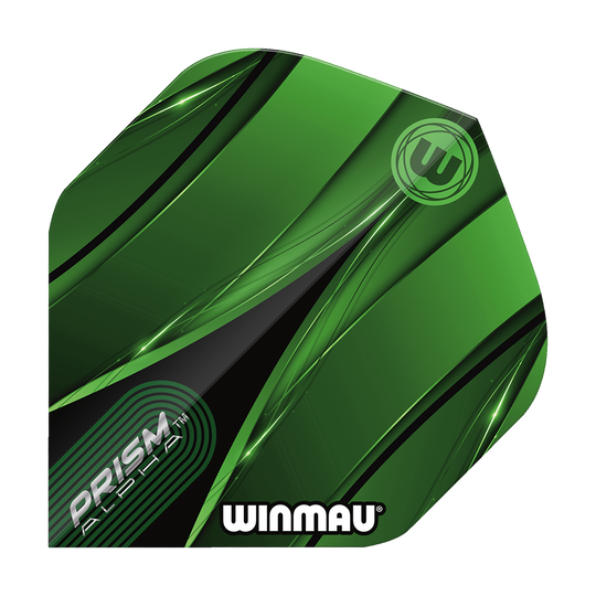 Winmau Alpha Sniper Green Standard Flights Das Bild zeigt ein Winmau Alpha Sniper Green Standard Flight für Darts. Das Flight ist überwiegend grün mit schwarzen und weißen Designelementen und trägt die Aufschriften "PRISM ALPHA" und "WINMAU".