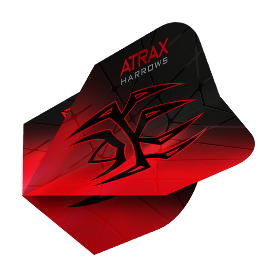 Das Bild zeigt das Produkt "Harrows Atrax Prime No6 Flights". Die Dartflight ist rot und schwarz mit einem markanten, grafischen Muster und dem Schriftzug "ATRAX HARROWS".