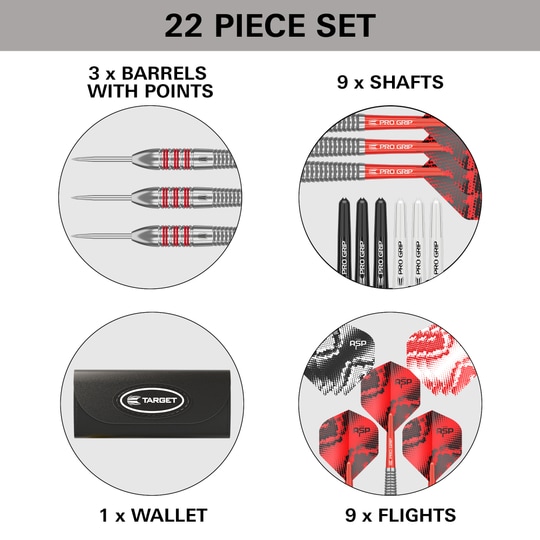 Lotki ze stali mosiężnej Nathan Aspinall Target - 22 g Gezeigt werden die Target Nathan Aspinall Brass Steeldarts mit einem Gewicht von 22g. Sie sind für Steeldart-Wettbewerbe gedacht.