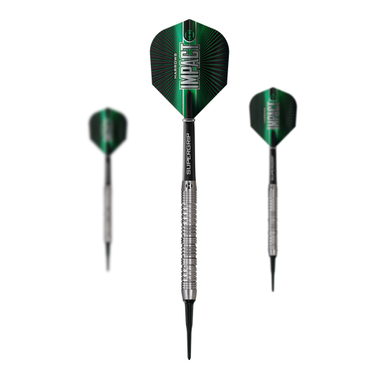 Miękkie lotki udarowe Harrows Das Bild zeigt ein Set der Harrows Impact Softdarts. Mehrere Darts sind zusammen zu sehen.