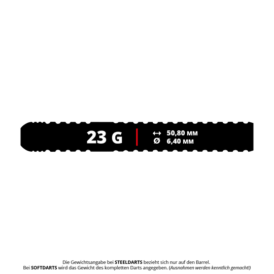Lotki stalowe Winmau Ryan Branley - 23g Das Bild zeigt die Produktdaten der Winmau Ryan Branley Steeldarts mit einem Gewicht von 23 Gramm. Der Barrel ist 50,80 mm lang und hat einen Durchmesser von 6,40 mm.