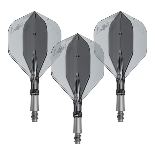 Loty L-Style L-System - Przezroczysta czerń Das Bild zeigt ein Produkt mit dem Namen LS1062_LStyle_L-System_Flights_ClearBlack_Small_190_1Set. Es handelt sich um ein Dartzubehör.