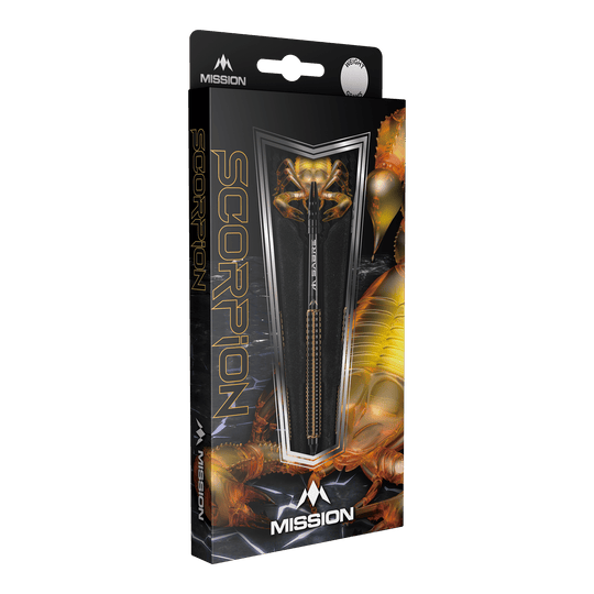 Miękkie lotki Mission Scorpion - 19g Die Abbildung zeigt die Verpackung der "Mission Scorpion Softdarts - 19g". Das Design ist schwarz-gold mit einem Skorpionmotiv und zeigt einen Dartpfeil in der Mitte.