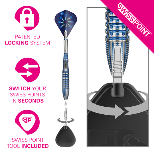 Abgebildet sind die Target Phil Taylor Gx2 Swiss Point Steeldarts. Sie eignen sich ideal für Dartspieler und bieten eine hochwertige Verarbeitung.