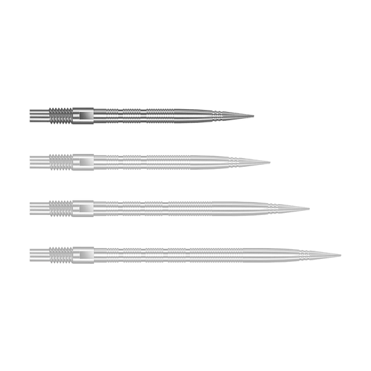 Końcówki do lotek Harrows Quick Point Micro Ridge – srebrne Silberne Harrows Quick Point MicroRidge Dartspitzen mit 26 mm Länge werden dargestellt. Die Spitzen liegen einzeln auf einer hellen Oberfläche.