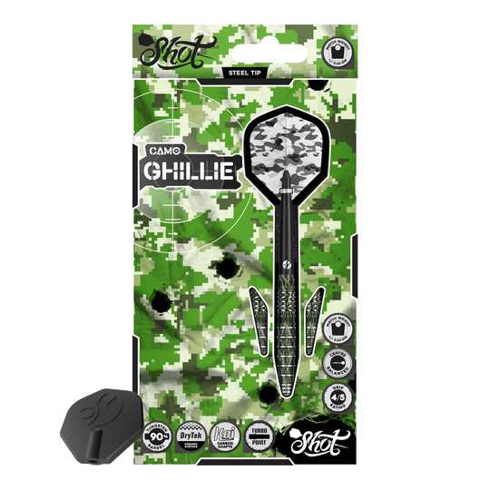 Shot Camo Ghillie Turbo Point Steeldarts - 23g Shot Camo Ghillie Turbo Point Steeldarts mit 23 Gramm. Die Darts sind in einem speziellen Tarnmuster gehalten.