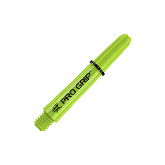 Uchwyty Target Pro Grip - 3 zestawy - limonkowy Das Bild zeigt einen limegrünen Dartshaft mit der Aufschrift "PRO GRIP". Der Schaft hat ein Schraubgewinde an einem Ende und ist 34 mm lang.