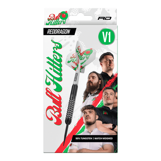 Red Dragon Bullhitters V1 Steeldarts - 23g Das Bild zeigt die Red Dragon Bullhitters V1 Steeldarts mit einem Gewicht von 23g. Diese Darts sind für das Steeldart-Spiel geeignet.