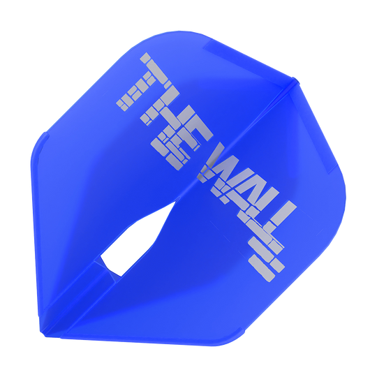 Loty Martin Schindler Blue L1PRO w stylu L Das Bild zeigt ein blaues Dartflight mit der Aufschrift "THE WALL". Es handelt sich um das Modell "L-Style Martin Schindler Blau L1PRO Flights".