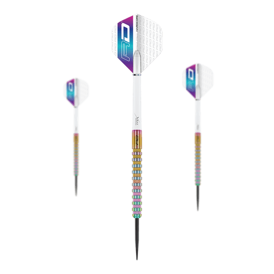 Red Dragon Javelin Spectron Steeldarts Auf dem Bild sind drei moderne Wurfpfeile für Darts zu sehen. Sie haben bunte Griffe und weiße Flights mit einem auffälligen RD-Logo.