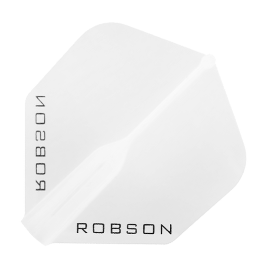 Loty Robson Plus — standardowe Das Bild zeigt einen klaren, sechseckigen Dartflight mit dem Schriftzug "ROBSON" in schwarzer Farbe. Das Design ist schlicht und durchsichtig gehalten.