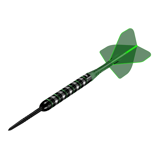 Lotki Mission Moldavite Steel - 23g Mission Moldavite Steeldarts - 23g wird aus einer anderen Perspektive gezeigt. Die Darts zeichnen sich durch ein grünes Designelement aus.