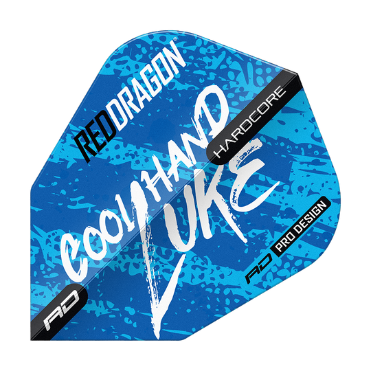 Das Bild zeigt das Produkt „Red Dragon Luke Humphries World Champion Blue V-Standard Flights“. Das Design ist blau mit weißen und schwarzen Schriftzügen, darunter „Cool Hand Luke“ und „RED DRAGON“.