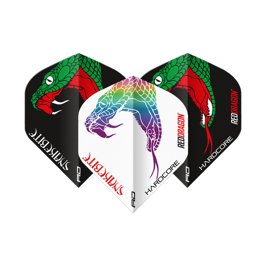 Red Dragon Peter Wright Ukąszenie Węża Czarno-Białe Yin Yang Standardowe Loty Das Bild zeigt drei Dart-Flights der Marke "Red Dragon Peter Wright Snakebite Black White Yin Yang Standard Flights". Die Flights sind in Schwarz und Weiß gestaltet und mit farbigen Schlangenmotiven verziert.