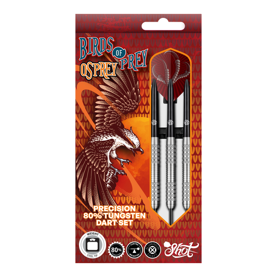 Auf dem Bild ist eine Packung "Shot Birds Of Prey Osprey Steeldarts" zu sehen. Die Verpackung zeigt drei Steeldarts und eine Illustration eines Greifvogels.