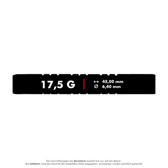 Lotki McDart 85 Tungsten V11 Soft Darts - 17,5 g Das Bild zeigt die Produktangaben der McDart 85er Tungsten V11 Softdarts mit einem Gewicht von 17,5 g. Die Darts haben eine Länge von 45,00 mm und einen Durchmesser von 6,40 mm.