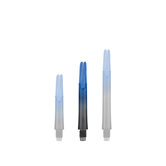 Dwukolorowe wałki L-L-Style-Shaft Locked Straight Natural9 - niebieskie Das Bild zeigt drei unterschiedlich lange, zweifarbige Dartschäfte in Schwarz und Blau. Sie stehen aufrecht nebeneinander auf einem neutralen Hintergrund.