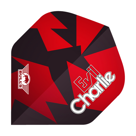BU50862_Bulls_Powerflite_Sedlacek_Black_Red_No2_Standard_Flights_1 Das Bild zeigt ein Dartflight mit einem schwarzen und roten Zickzack-Design. Auf dem Flight steht "Evil Charlie" und das BULL'S Logo ist ebenfalls sichtbar.