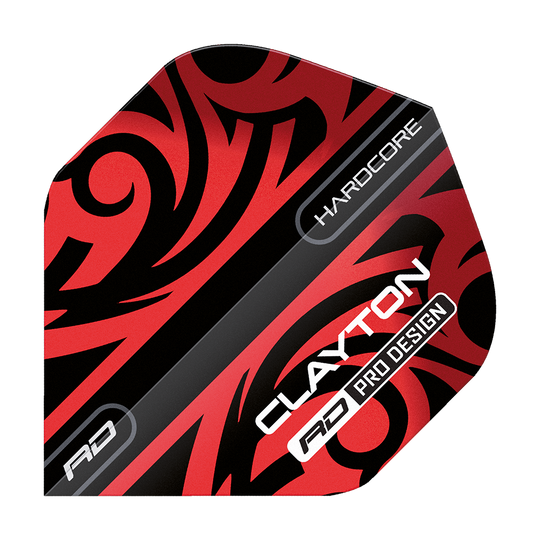 Das Bild zeigt ein Dart-Flight im roten und schwarzen Tribal-Design. Auf dem Flight stehen die Wörter "Hardcore", "Clayton" und "RD Pro Design".