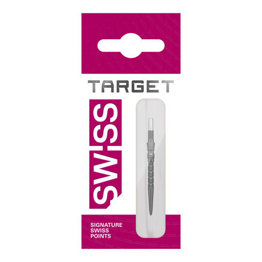Stalowe groty do lotek Target Signature Swiss Point TRB – czarne Abgebildet sind schwarze Dartspitzen mit einer Länge von 30mm. Das Foto zeigt vermutlich drei einzelne Spitzen als Dart Zubehör.
