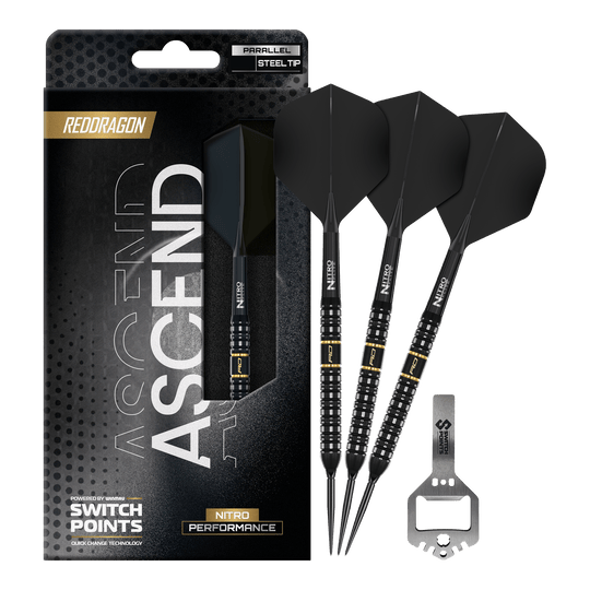 Red Dragon Ascend Parallel Switch Point Steeldarts Das Bild präsentiert die Red Dragon Ascend Parallel Switch Point Steeldarts in voller Länge. Die Details des kompletten Darts sind gut erkennbar.