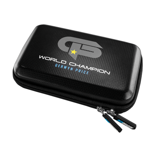 X0611_Red_Dragon_Gerwyn_Price_World_Champion_Dartcase_1 Das Bild zeigt ein schwarzes Dartcase mit der Aufschrift "World Champion Gerwyn Price". Das Etui hat einen Reißverschluss und trägt das Red Dragon Logo.