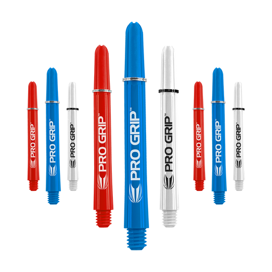 Das Bild zeigt neun Dart-Shafts in den Farben Blau, Rot und Weiß. Auf jedem Shaft steht der Schriftzug "PRO GRIP" mit einem kleinen Logo darunter.