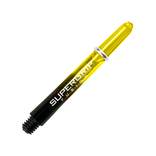 Das Bild zeigt ein Harrows Supergrip Fusion Shaft in der Farbe Gelb. Der Schriftzug "SUPERGRIP FUSION" ist deutlich auf dem Schaft zu sehen.